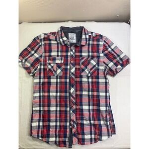Buffalo David Bitton Mens Short Sleeve Plaid Button Front Shirt Red Blue Large